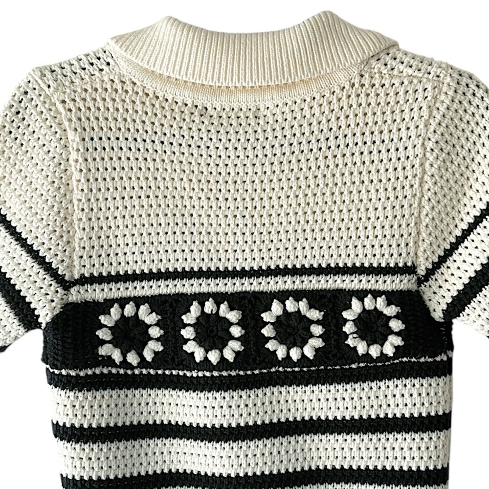 NWT | CROCHET STRIPED SPLIT V-NECK COLLARED TOP NAVY BLUE & OFF WHITE | XS - Picture 7 of 12